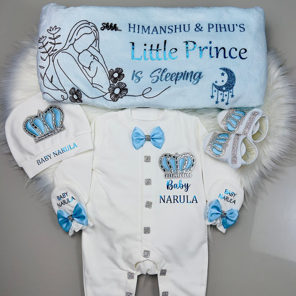 Luxury Personalised Baby Boy Clothes Set | 5-Piece Custom Name Newborn Gift Bundle with Crown Design