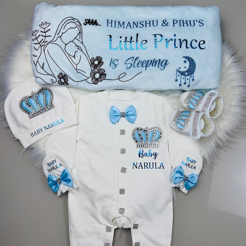 Luxury Personalised Baby Boy Clothes Set | 5-Piece Custom Name Newborn Gift Bundle with Crown Design