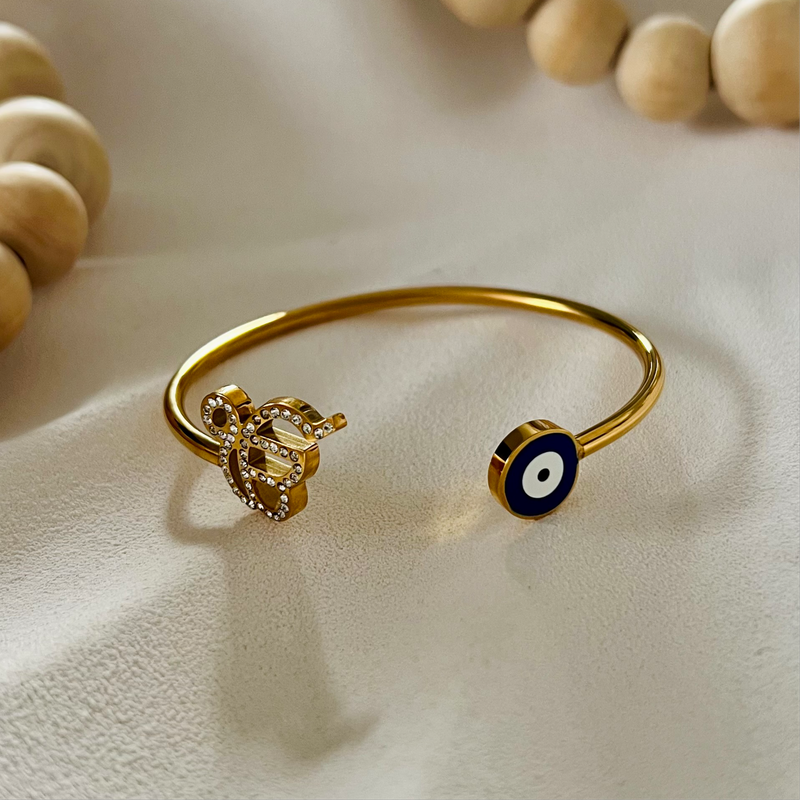 Ik Onkar and Evil Eye Cuff Bangle | 18k Gold Plated